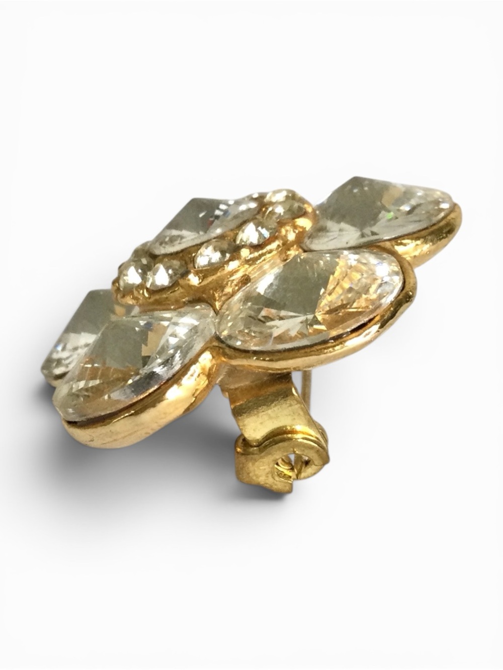 Vintage 1950s Clear Rivoli Floral Brooch - Gold‑Tone - Rare Find - Picture 7 of 12